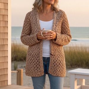 SIGRID OLSEN Silk Blend Long Cardigan Sweater Coastal Hand Knit Tan Toggles Sz M